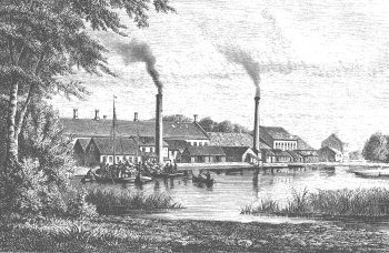 Silkeborg Papir Mill. Woodcut after drawing by Ludvig Ipsen in Illustreret Tidende, 1865